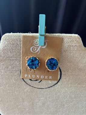 Plunder Teal-Blue Druzy Gold Edge Stud Earrings